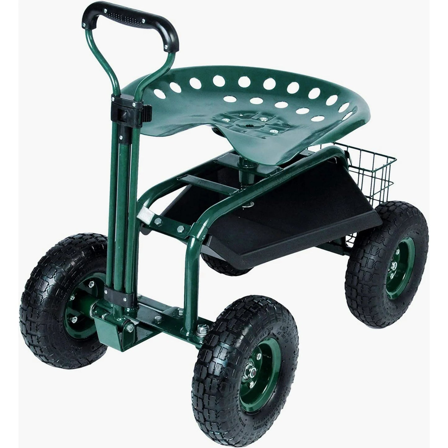 Garden Stool Cart with Tool Tray and Storage Basket on Wheels